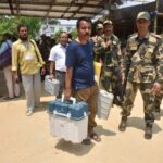 Tripura LS & By-Election 2024 : Polling Parties Moving To Their Assigned Polling Stations After Collecting The EVMs & Polling Materials Ahead Of Polls.
